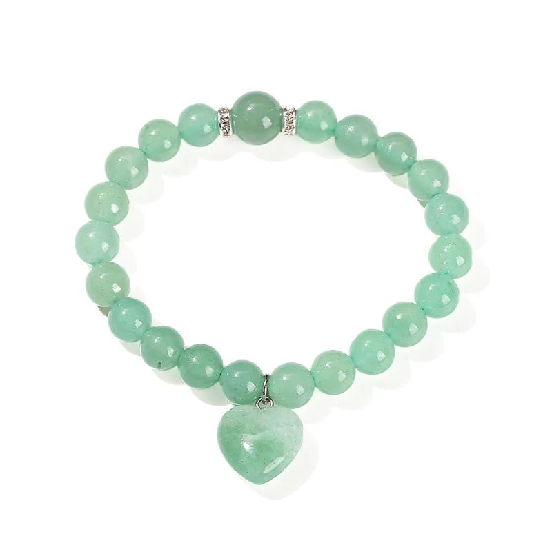 Natural stone bracelet with geometric heart pendant showing 8mm or 10mm beads in crystal colours