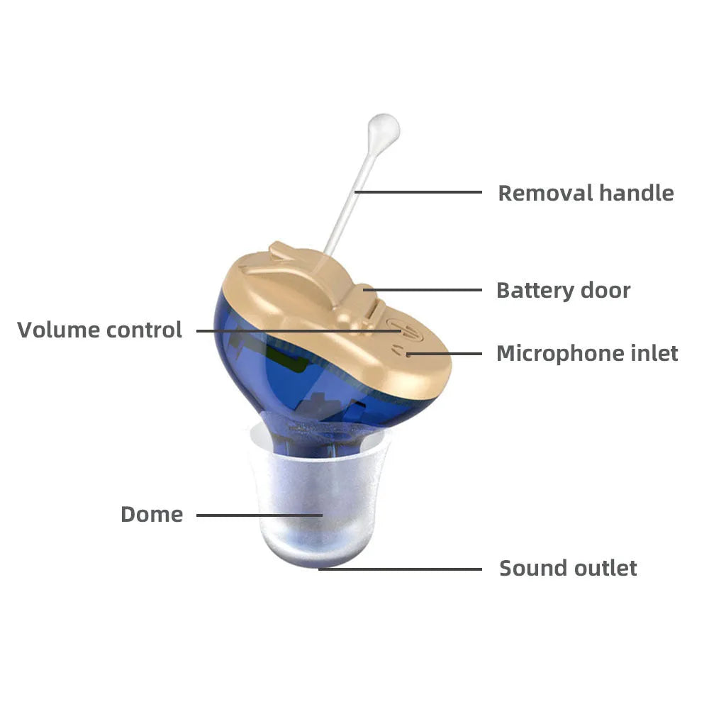 Red and blue Q10 CIC mini hearing aid with accessories including earphones, batteries, and cleaning brush