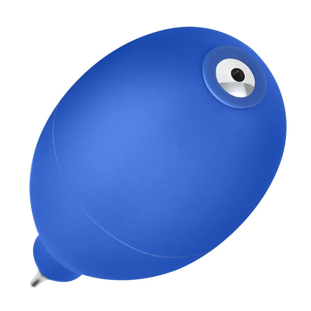 Blue handheld rubber dust removal blower ball for cleaning camera lenses and mobile phones.