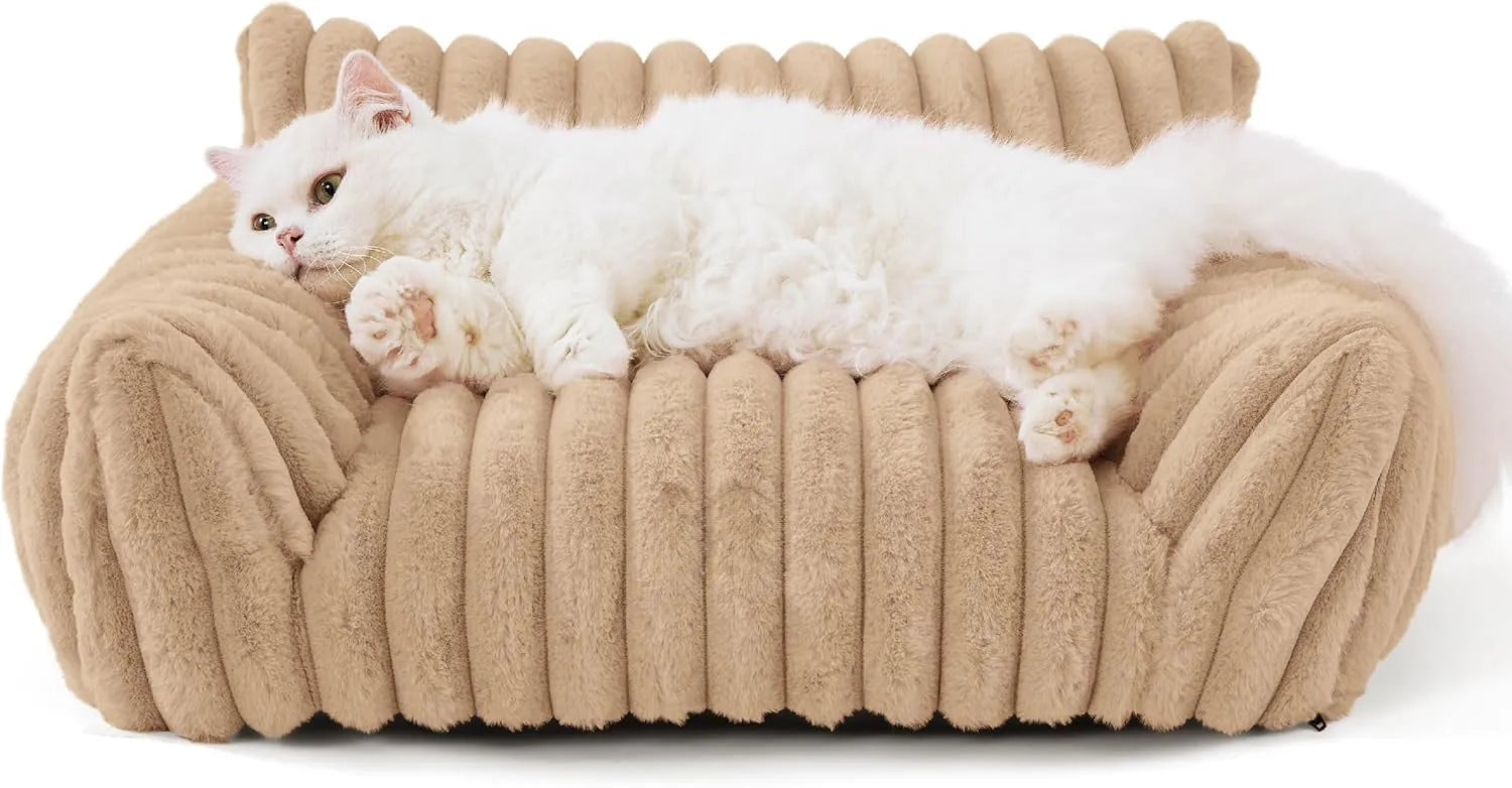 Supportive cat couch bed with three-sided design and soft corduroy fleece fabric in beige colour