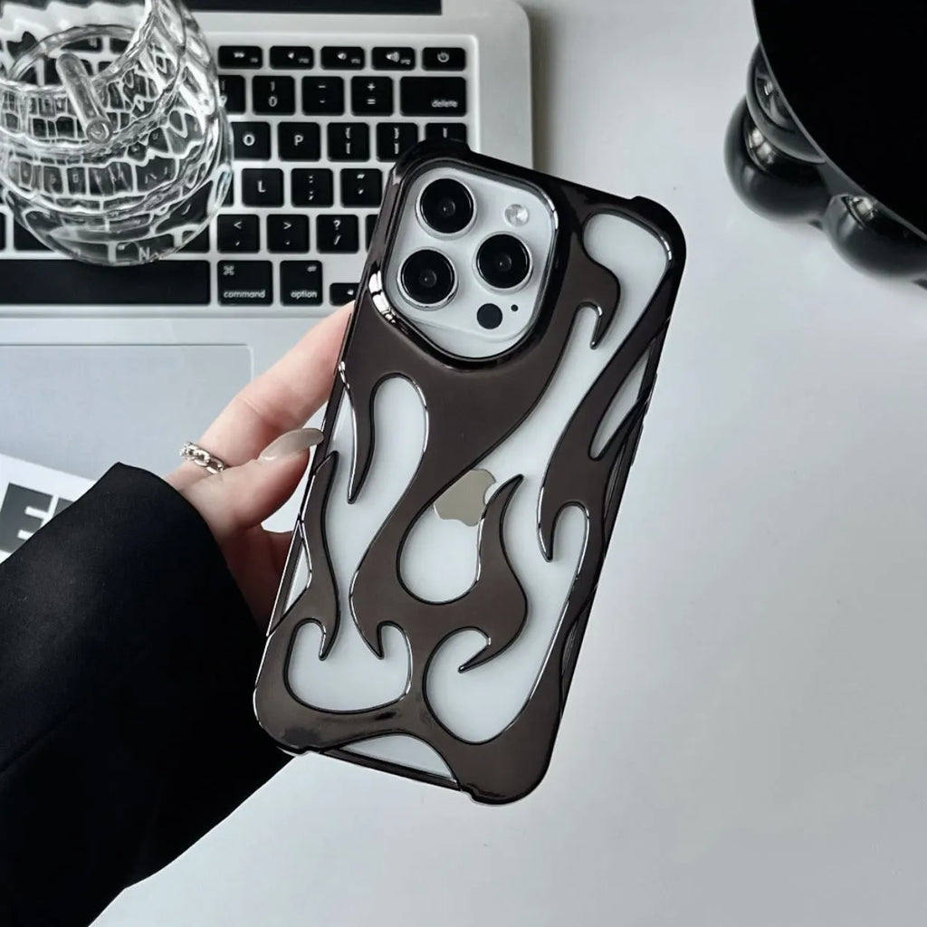 Electroplating hollow flame pattern TPU phone case for Apple iPhone in gold colour.