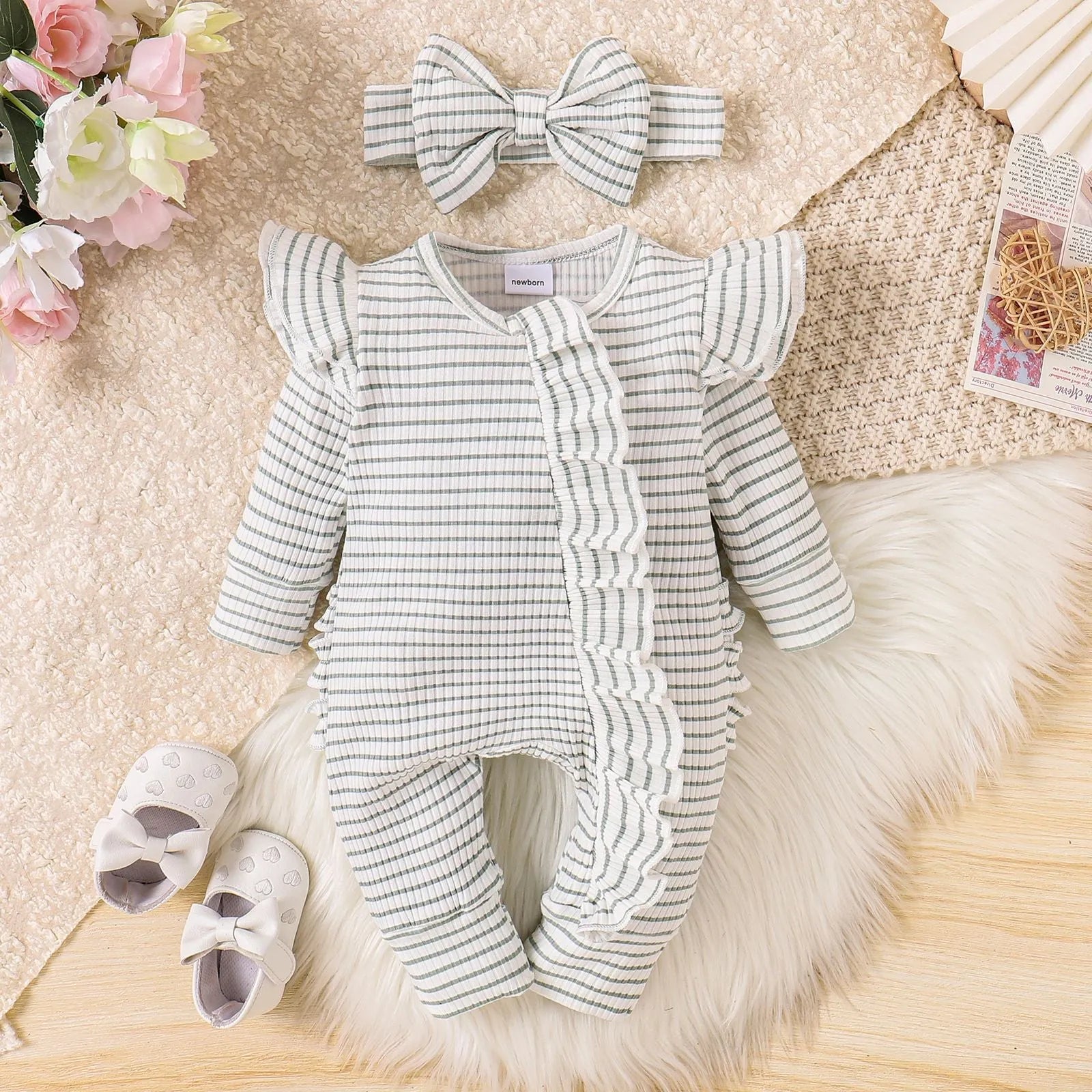 Girls cotton striped long-sleeved romper suit in purple with shorts trousers and front closure for newborn to 9 months