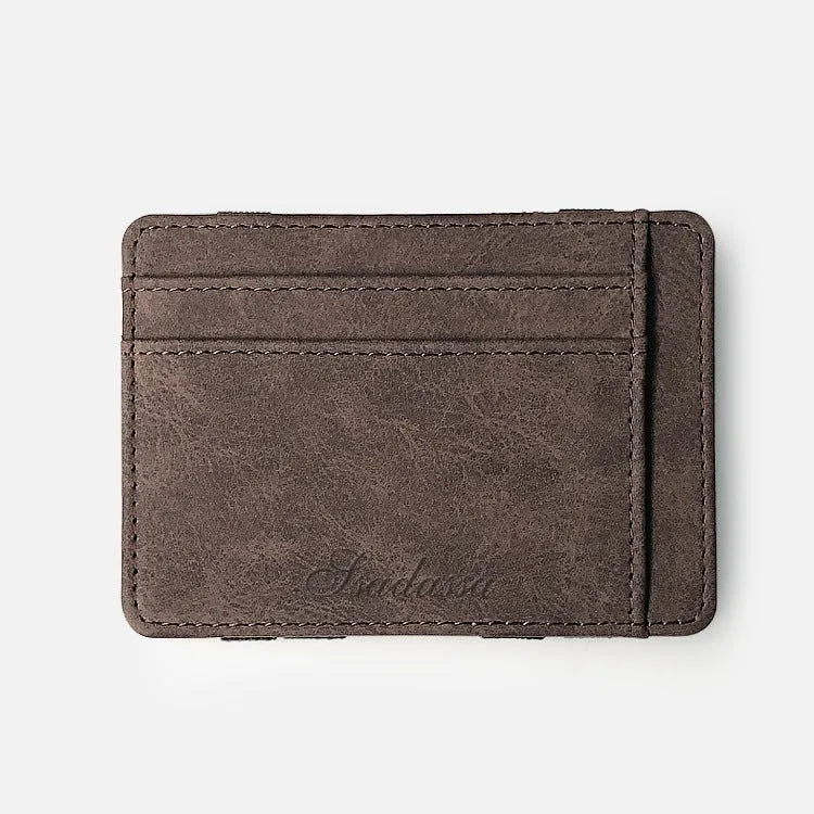 Korean style matte leather magic wallet in horizontal square shape, showing coin pocket and sewing line details.