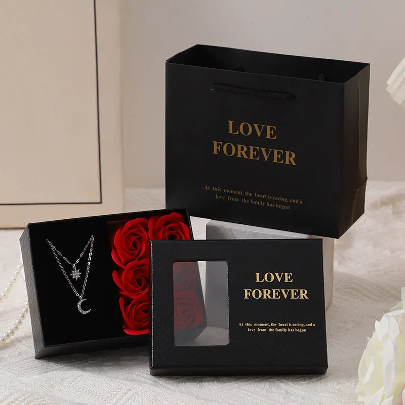 Korean style soap flower gift bouquet in presentation box with handbag in red, pink, or black.