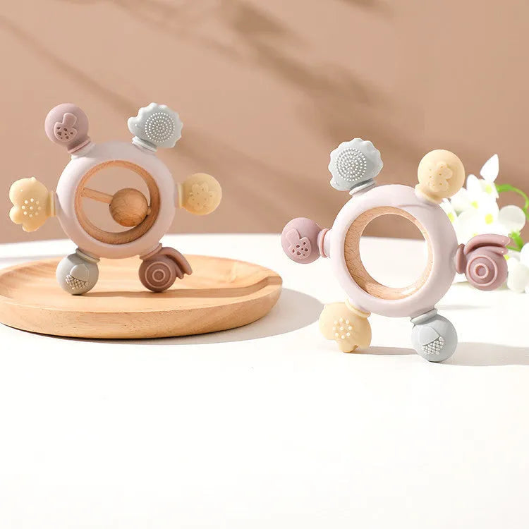Silicone teether baby molar stick toy in forest design with plain pattern