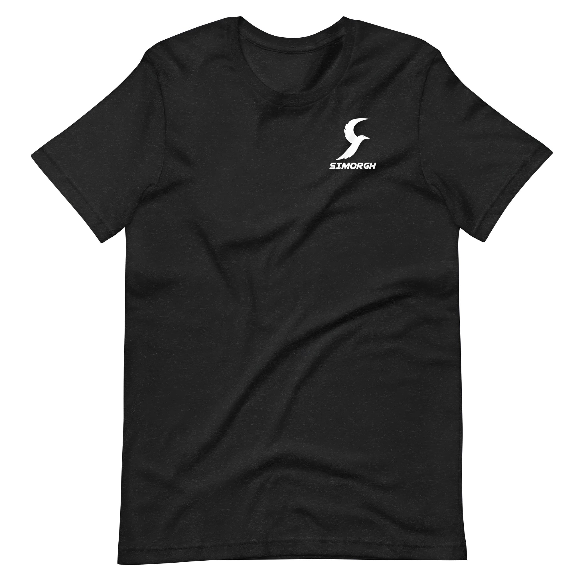A black cotton T-shirt with short sleeves and a round neck on a hanger.