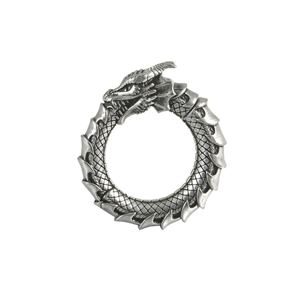 Large geometric dragon-shaped hollow out earrings in antique silver finish.