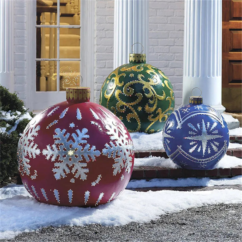 Large red and white striped inflatable PVC Christmas ball ornament with a 60cm diameter.