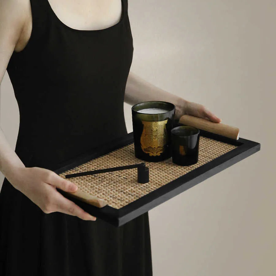 Pine wood dining tray with a serving compartment, shown in large and small size options.