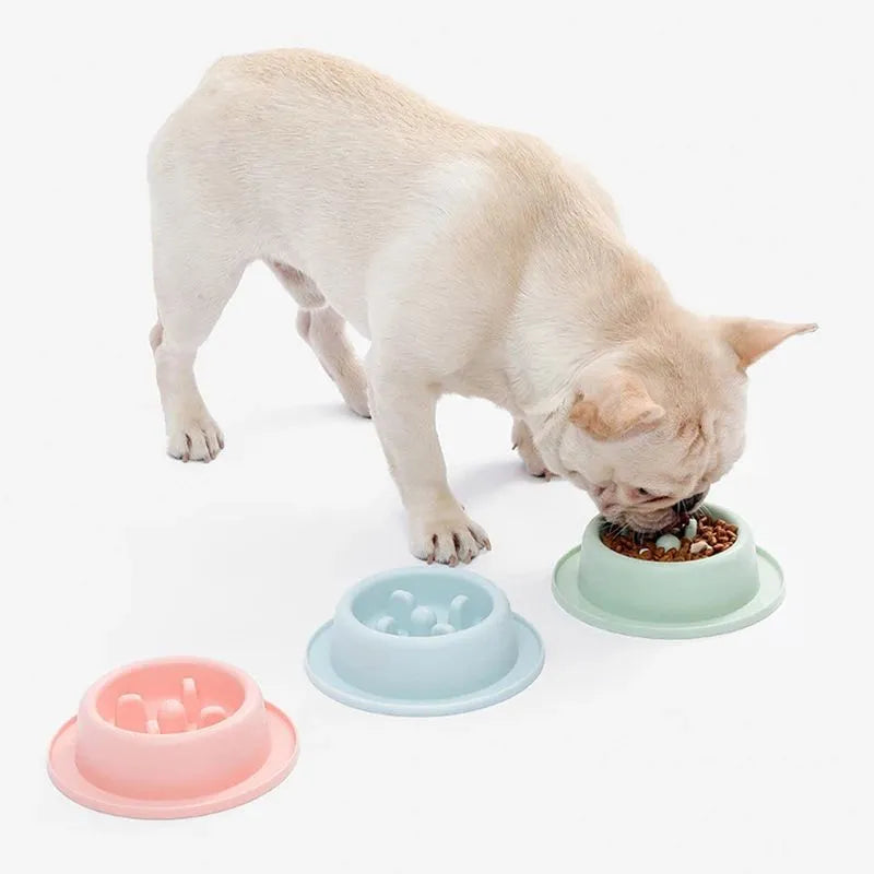 Blue pet slow feeder bowl with raised obstacles on a kitchen floor.