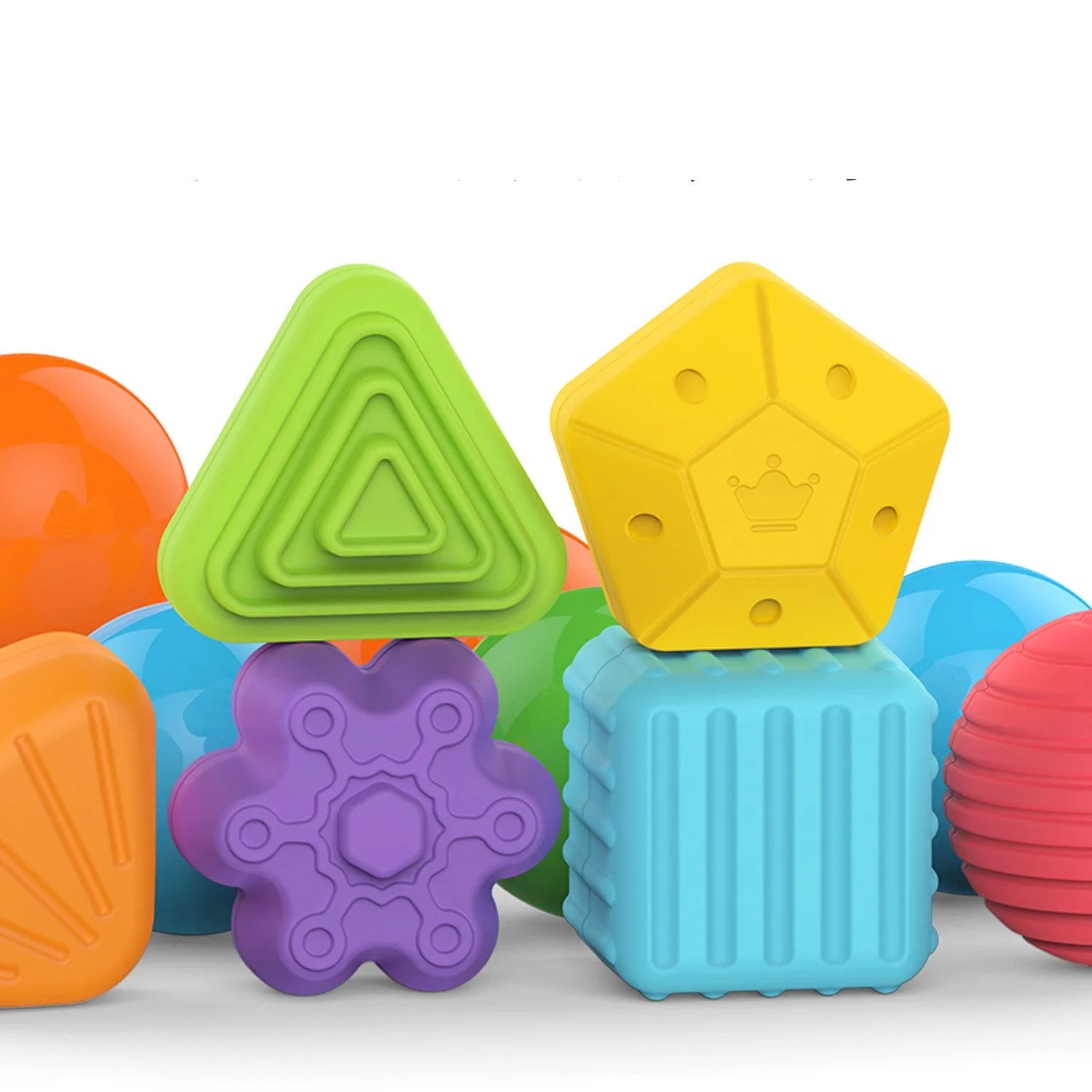 Set of six plastic rainbow shape blocks for toddler fine motor training with elastic rope