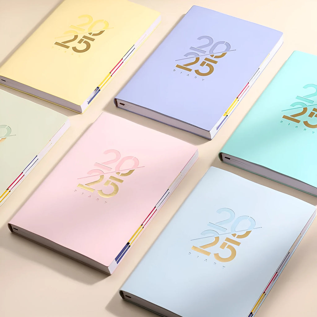 Soft leather A5 daily plan schedule book 2025 with faux leather cover open showing Dorian paper pages
