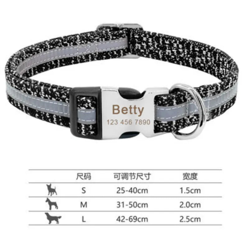 Nylon dog collar with quick-release buckle in black, green, and rose red colours showing S, M, L size options