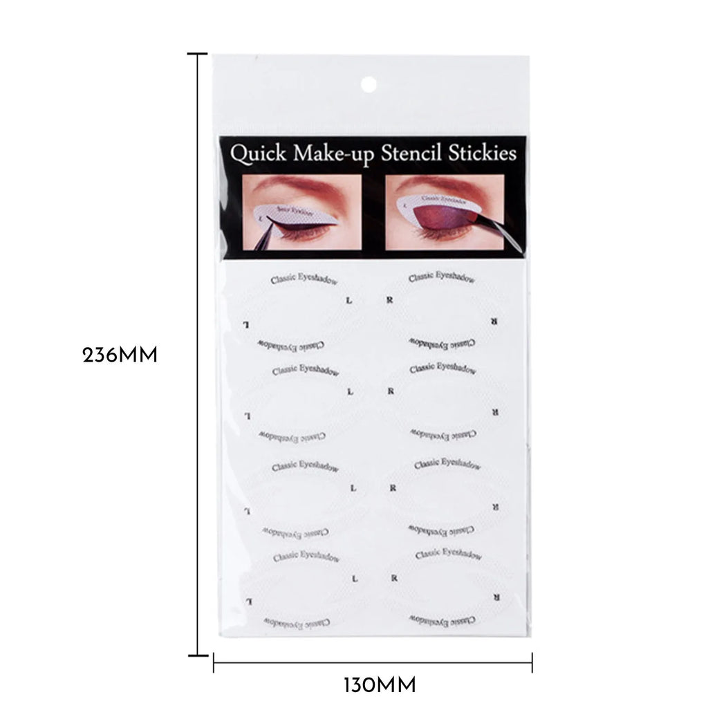 Set of four reusable flexible vinyl eyeliner and eyeshadow makeup stencil stickers on a table.