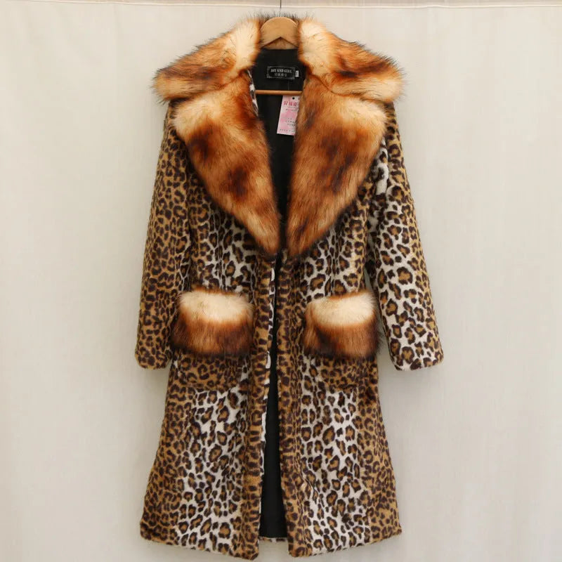 Long women's leopard print faux fur jacket with regular sleeves on a model.