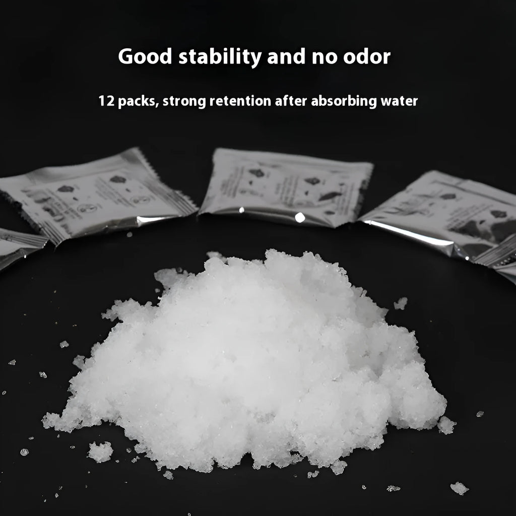 Disposable emergency urine bag kit with black degradable bags and curing agent sachets.