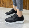 Plus size women's sports running shoes with rhinestone decoration, solid colour artificial PU upper, lace-up front, low wedge heel, black