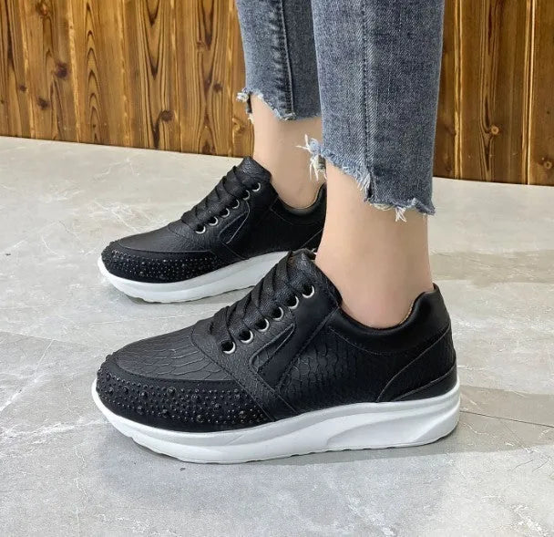 Plus size women's sports running shoes with rhinestone decoration, solid colour artificial PU upper, lace-up front, low wedge heel, black