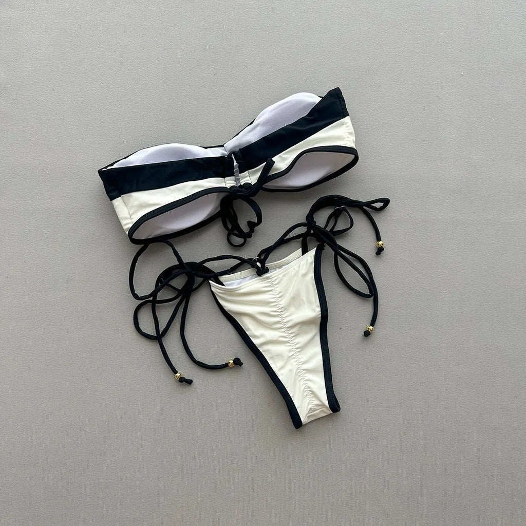 Women's casual colour blocked bikini set with C4323 stitching, nylon and spandex blend, sizes S, M, L