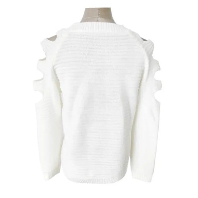 Women's white hollow-out crocheted knitted long sleeve pullover shirt.