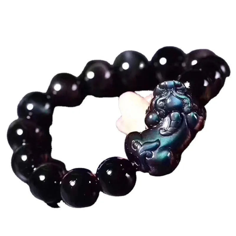 Natural eye obsidian bracelet with grey and black banding, showing multiple bead size options