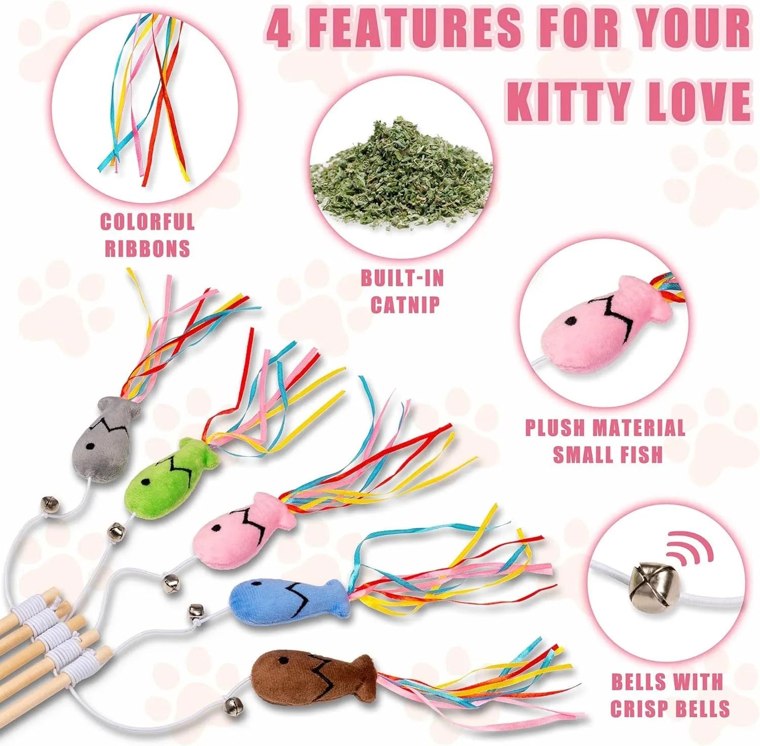 Colourful cat wand toy with ribbons, bell, and catnip fish on a wooden handle