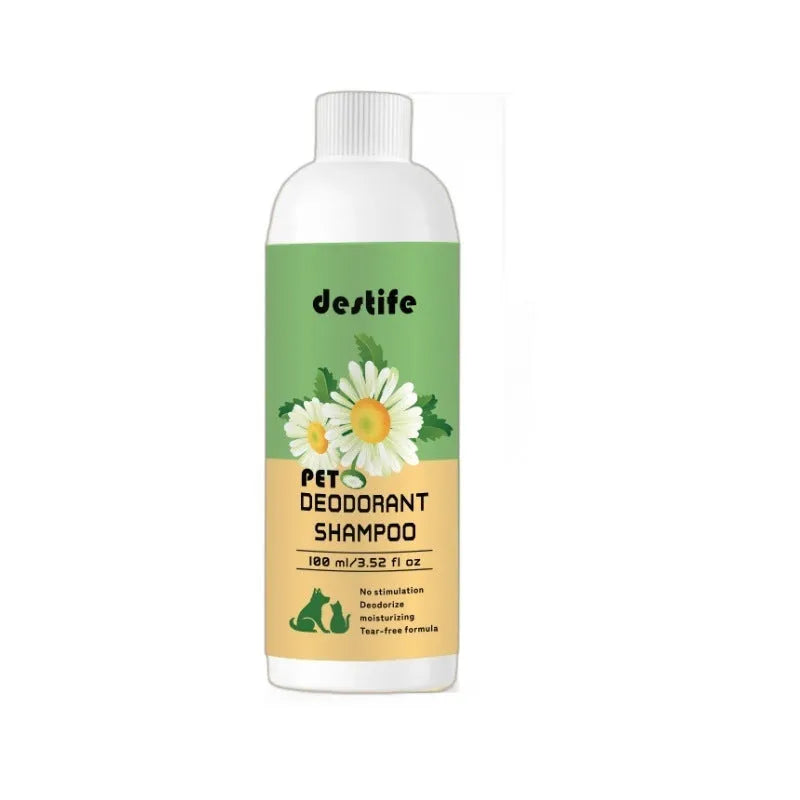 100ml bottle of pet shampoo and shower gel for dogs and cats with deodorising fragrance