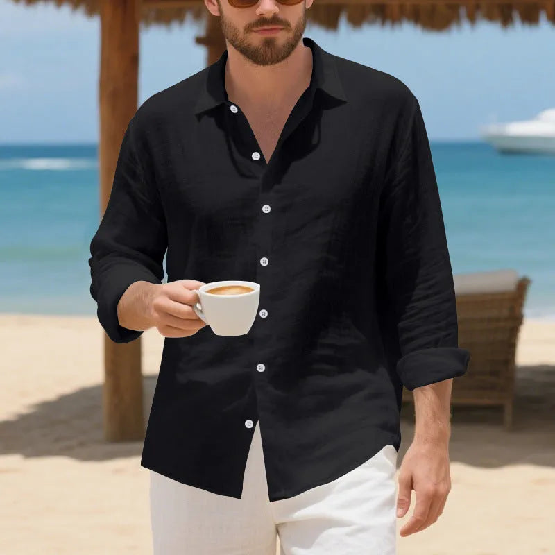 Men's linen casual shirt in an American-style loose fit, shown in Army Green colour.