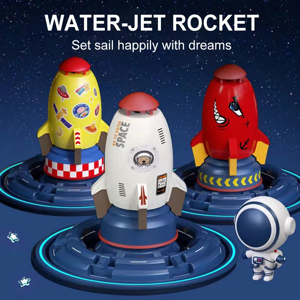 Yellow water pressure rocket launcher toy with base and interface connectors for outdoor garden play
