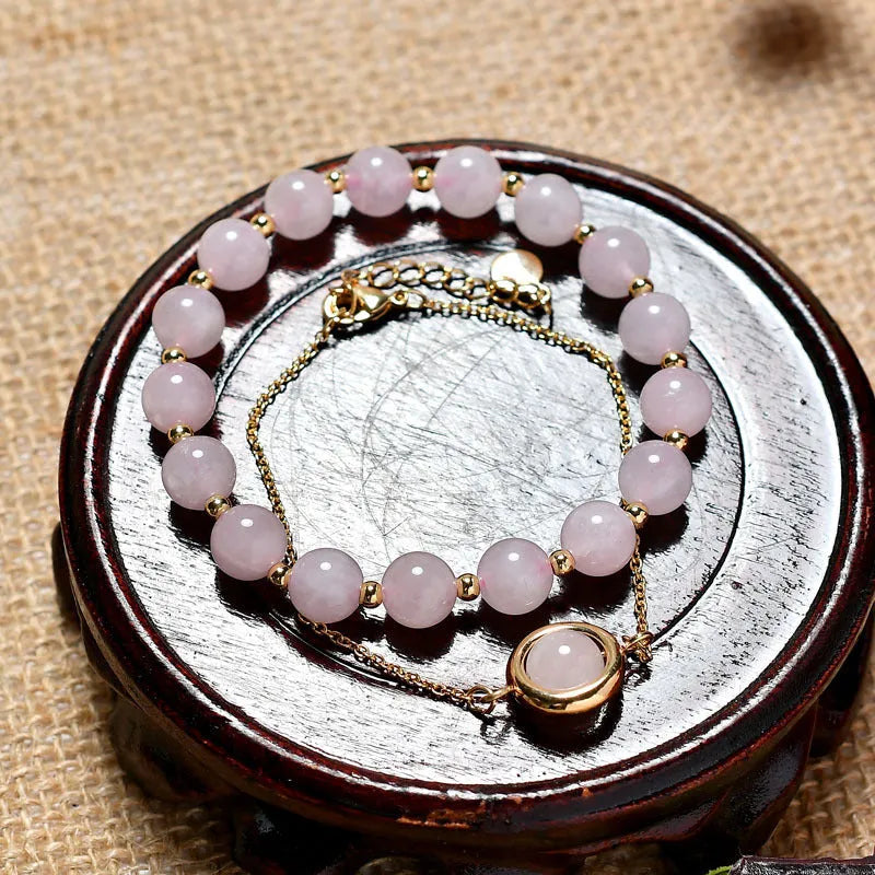 Double-layer women's bracelet with strawberry quartz crystals and electroplated gold finish on adjustable copper band
