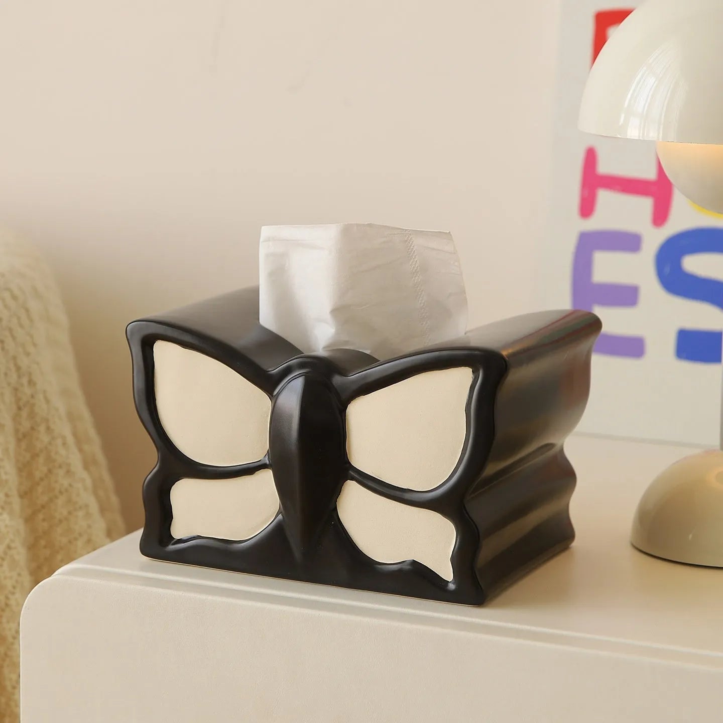 White ceramic butterfly vase and matching tissue box with waterproof coating