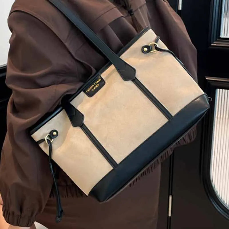 PU shoulder bag horizontal square tote with sewing line detail double straps black colour