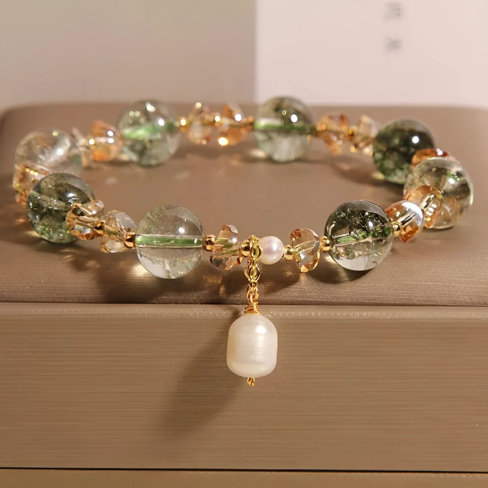 Natural chorite crystal bracelet for women with green phantom quartz and pearl accents in Japanese-Korean style