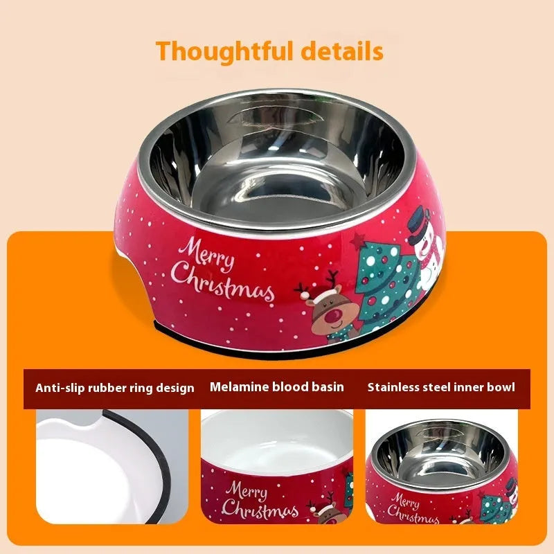 Red Christmas-themed double layer pet bowl with stainless steel interior and melamine exterior