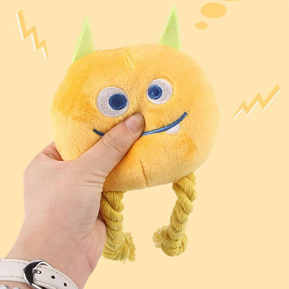 Blue and yellow cartoon-style dog squeaky toys with knot design cotton rope construction