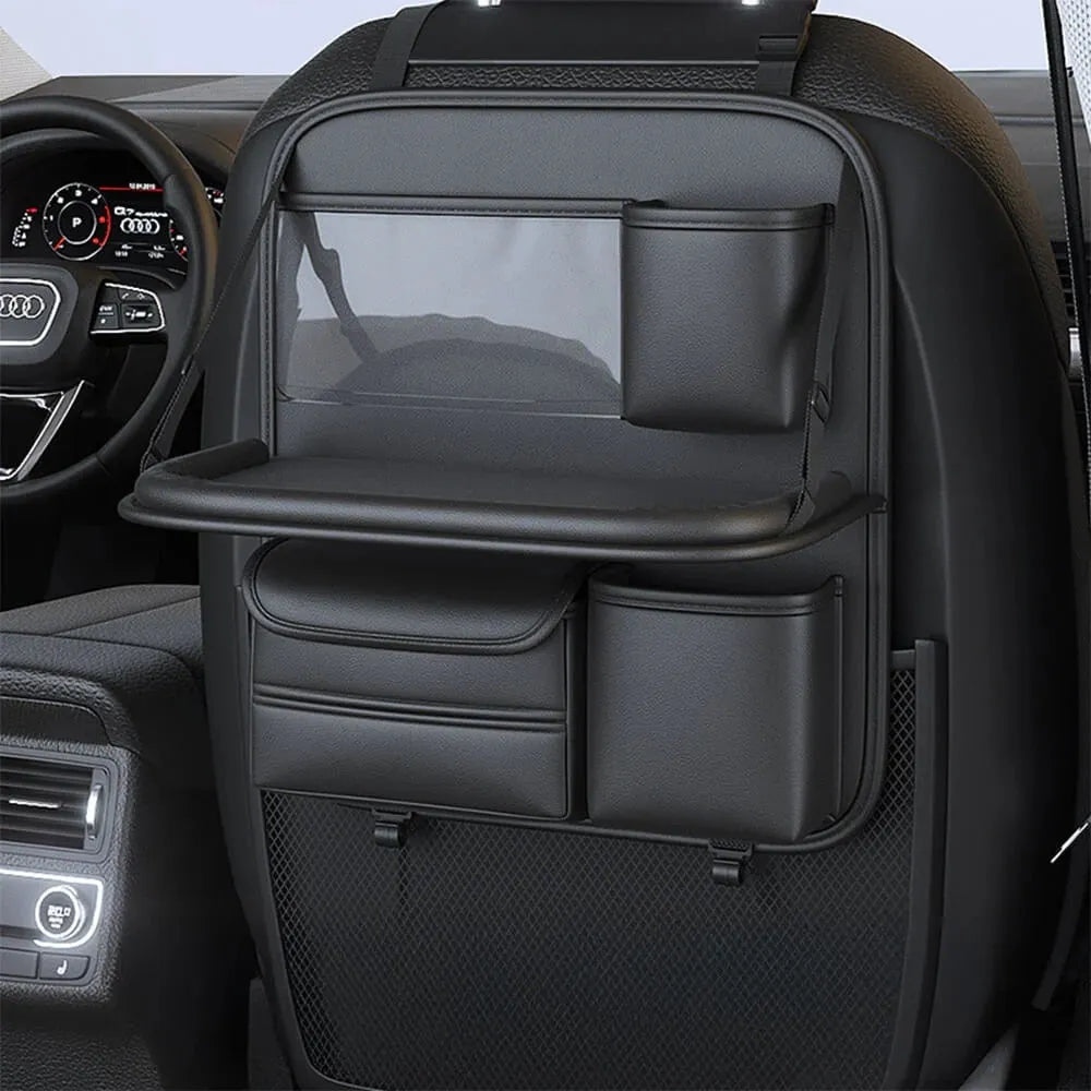Leather car seat storage bag in black with handle and foldable dining table