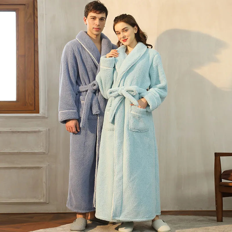Thick flannel winter bathrobe for couples in multiple colour options like navy blue and cherry yellow.
