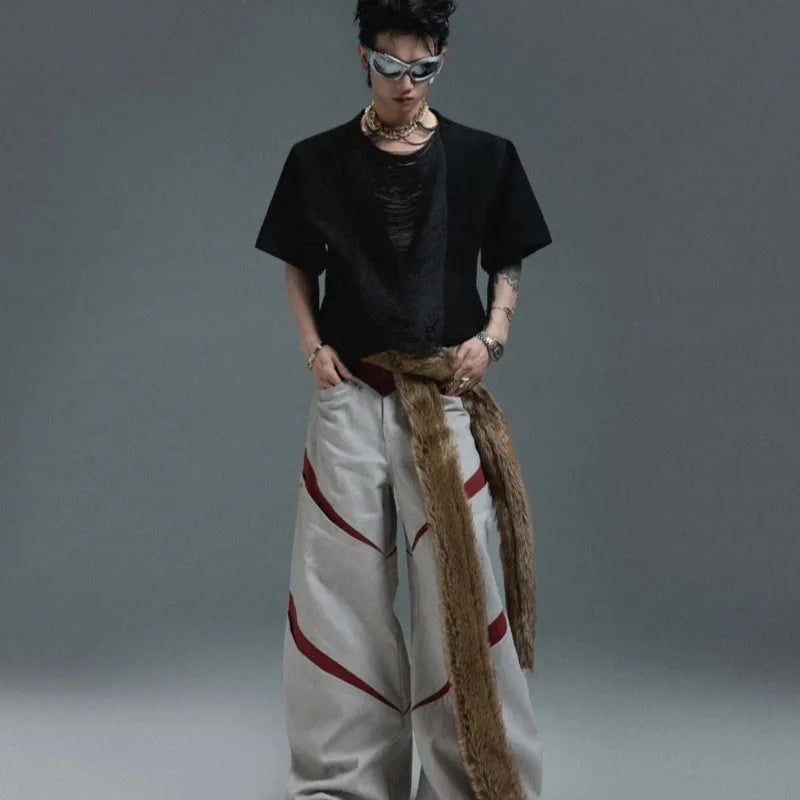 Men's black V-neck loose fit t-shirt with short sleeves and tassel detail