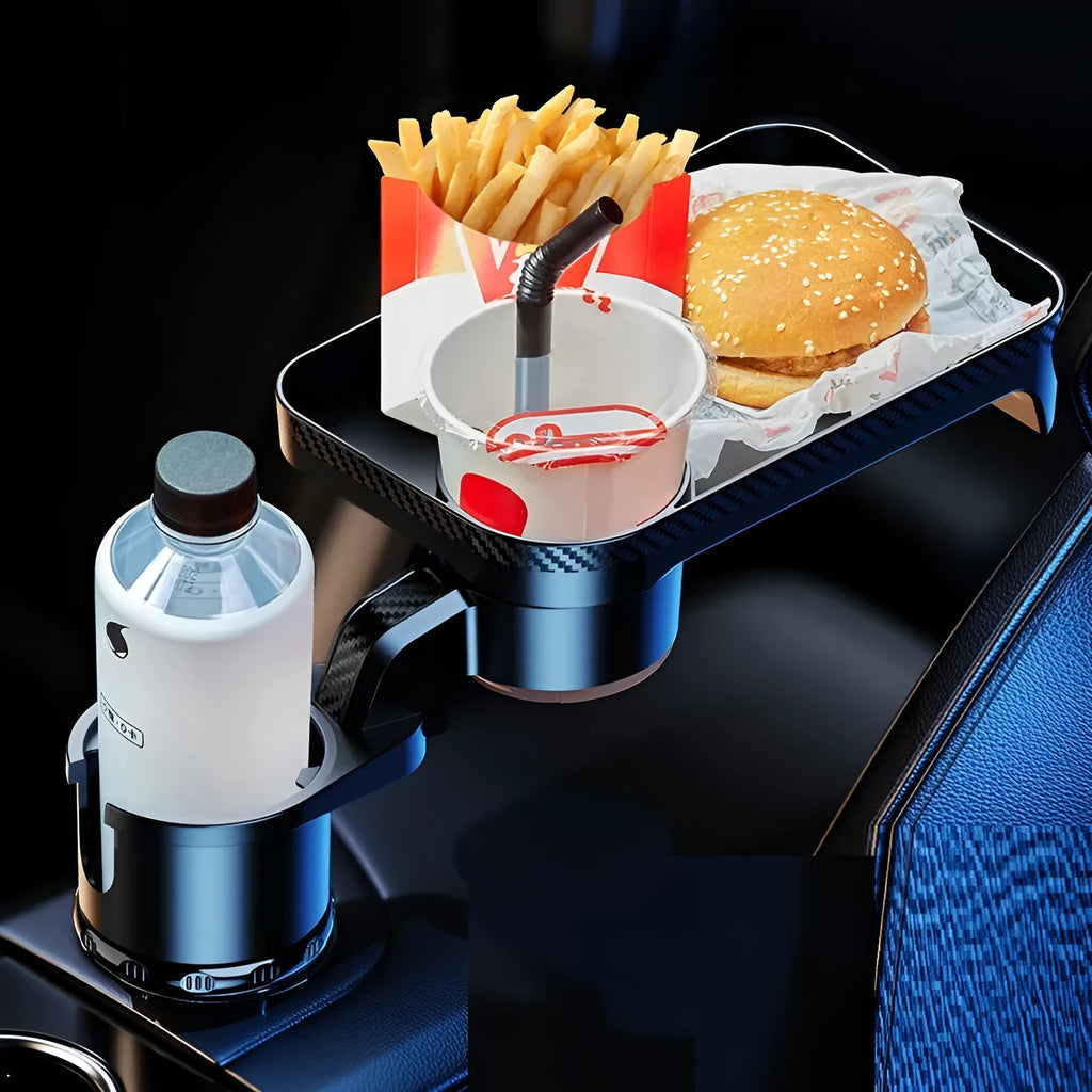 Black ABS plastic car-mounted dinner tray holder rotating in a vehicle cup holder.