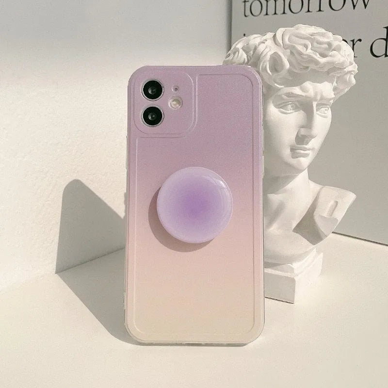 Yellow to purple gradient silicone iPhone case with extended X bracket stand on back