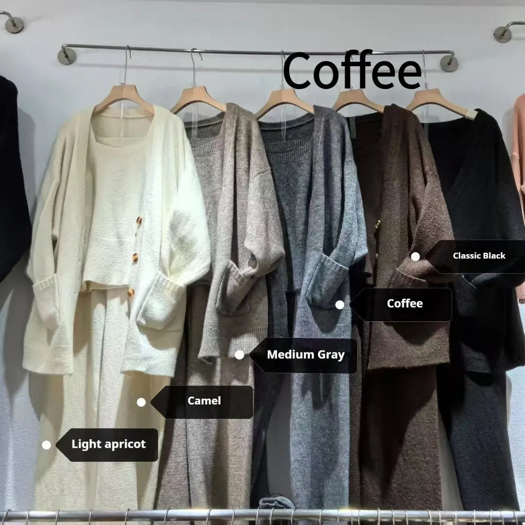 Women's knit cardigan vest suspender pants three-piece set in light coffee colour