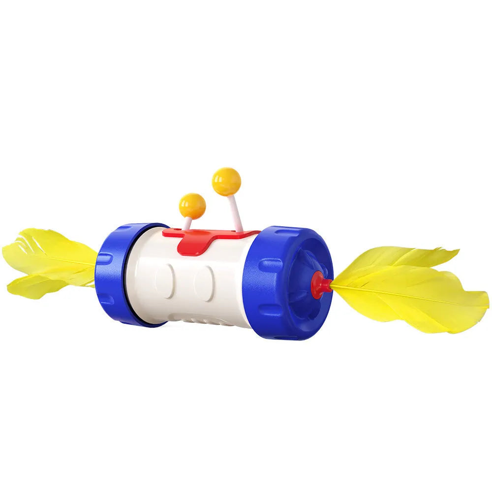 Interactive cat toy set with blue stick pole, feather ball, and yellow rolling tumbler puzzle on a floor.
