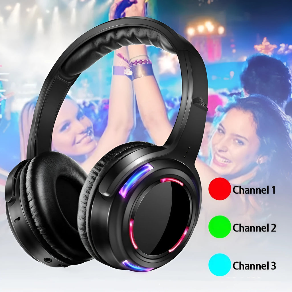 Black wireless silent disco headphones with LED light-up disco ball design on headset
