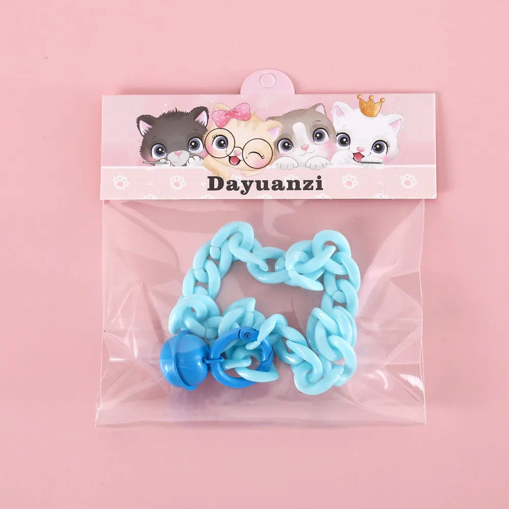 Macaron candy colour plastic pet collar on a white background, showing chain blue, pink, and mixed colour options for cats, dogs, and rabbits.