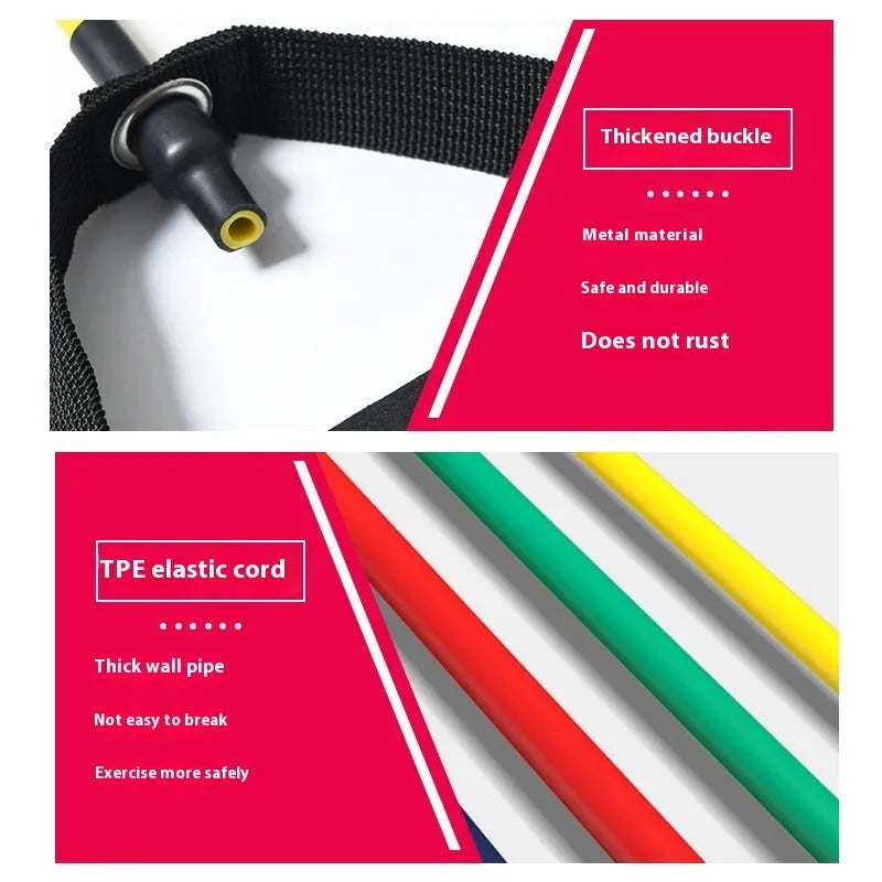 Adjustable resistance exercise equipment with TPE tension rope in five colour-coded resistance levels