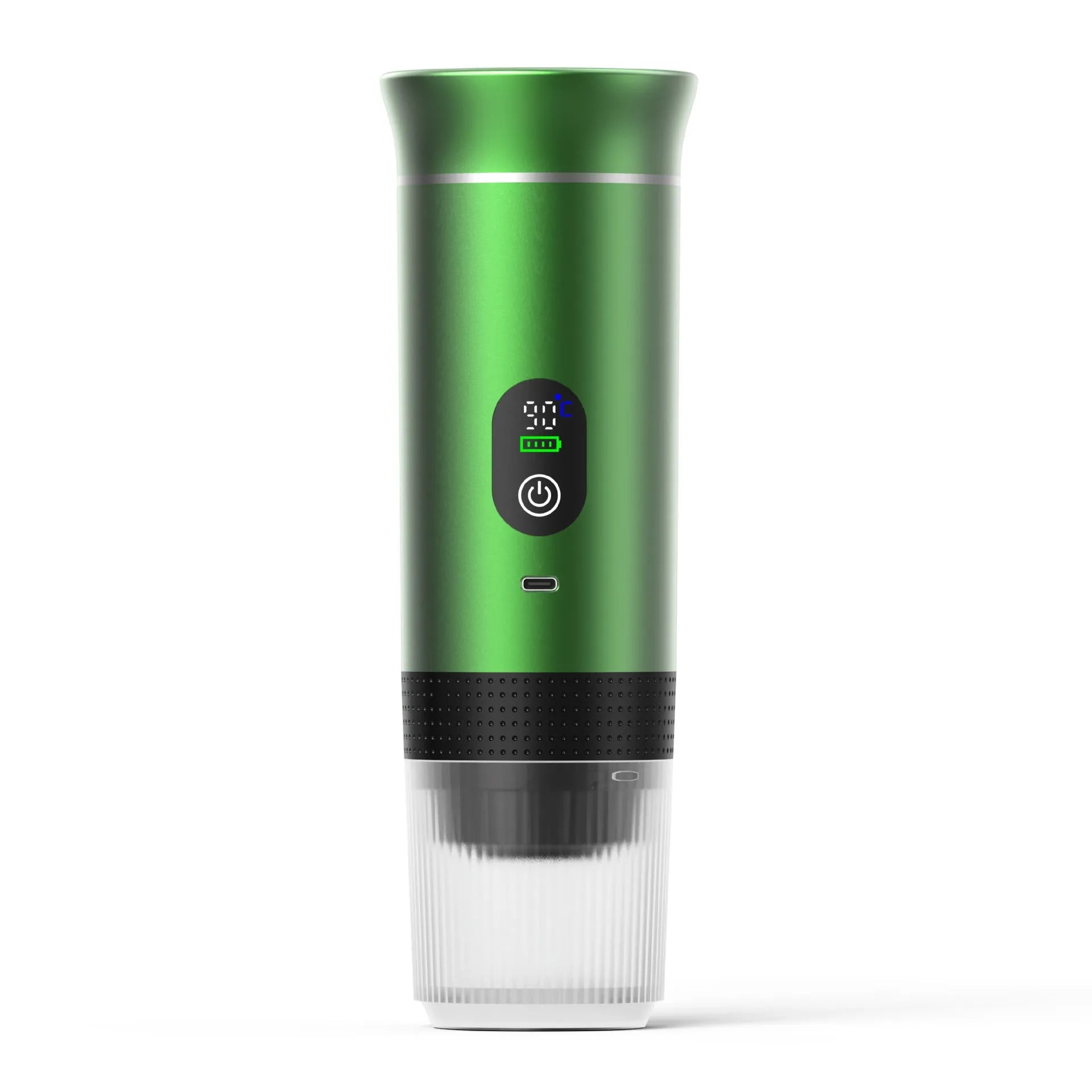 Black portable electric capsule coffee machine with LCD display for use in cars and outdoor travel