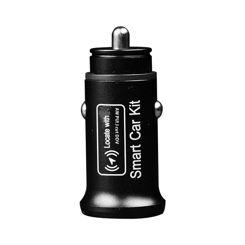 Black GPS car locator with a 12V car charger plug for vehicle tracking.