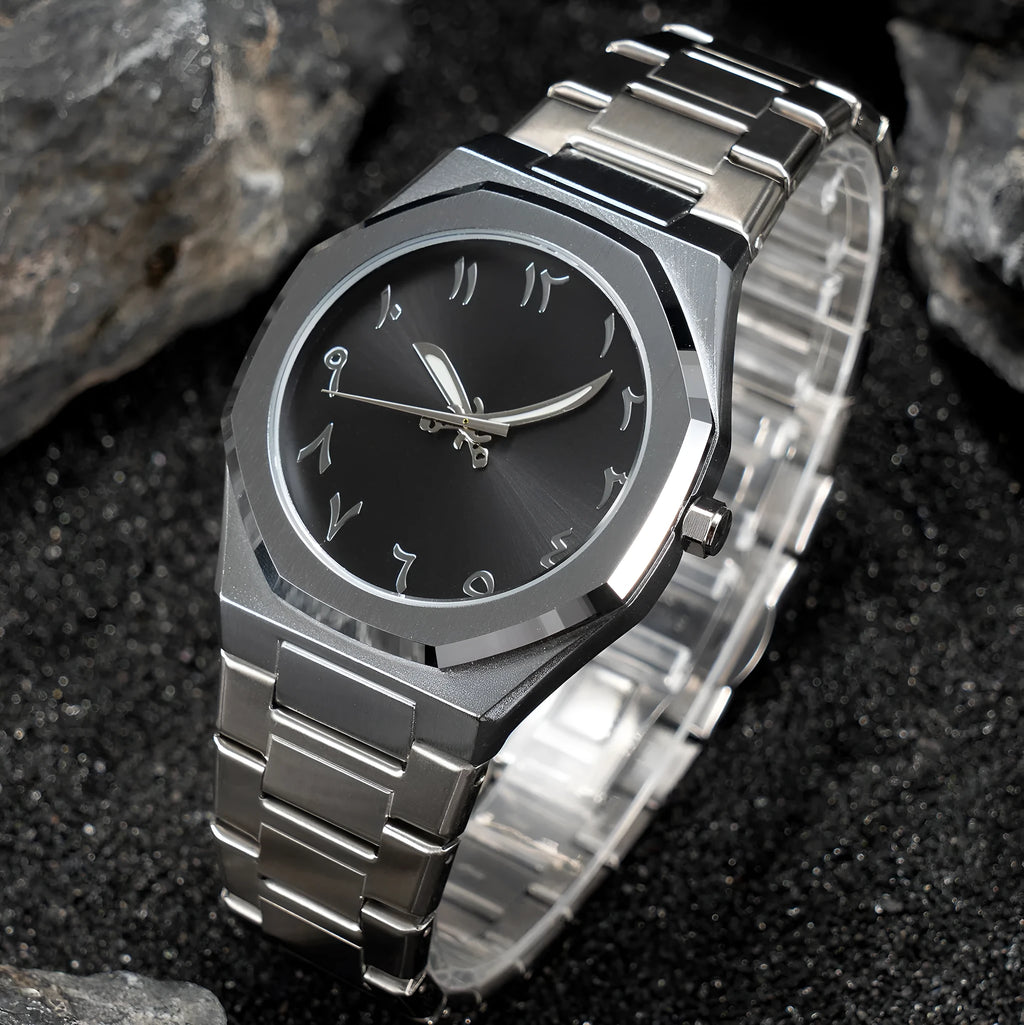 Men's business casual watch with stainless steel case and quartz movement in three colour options