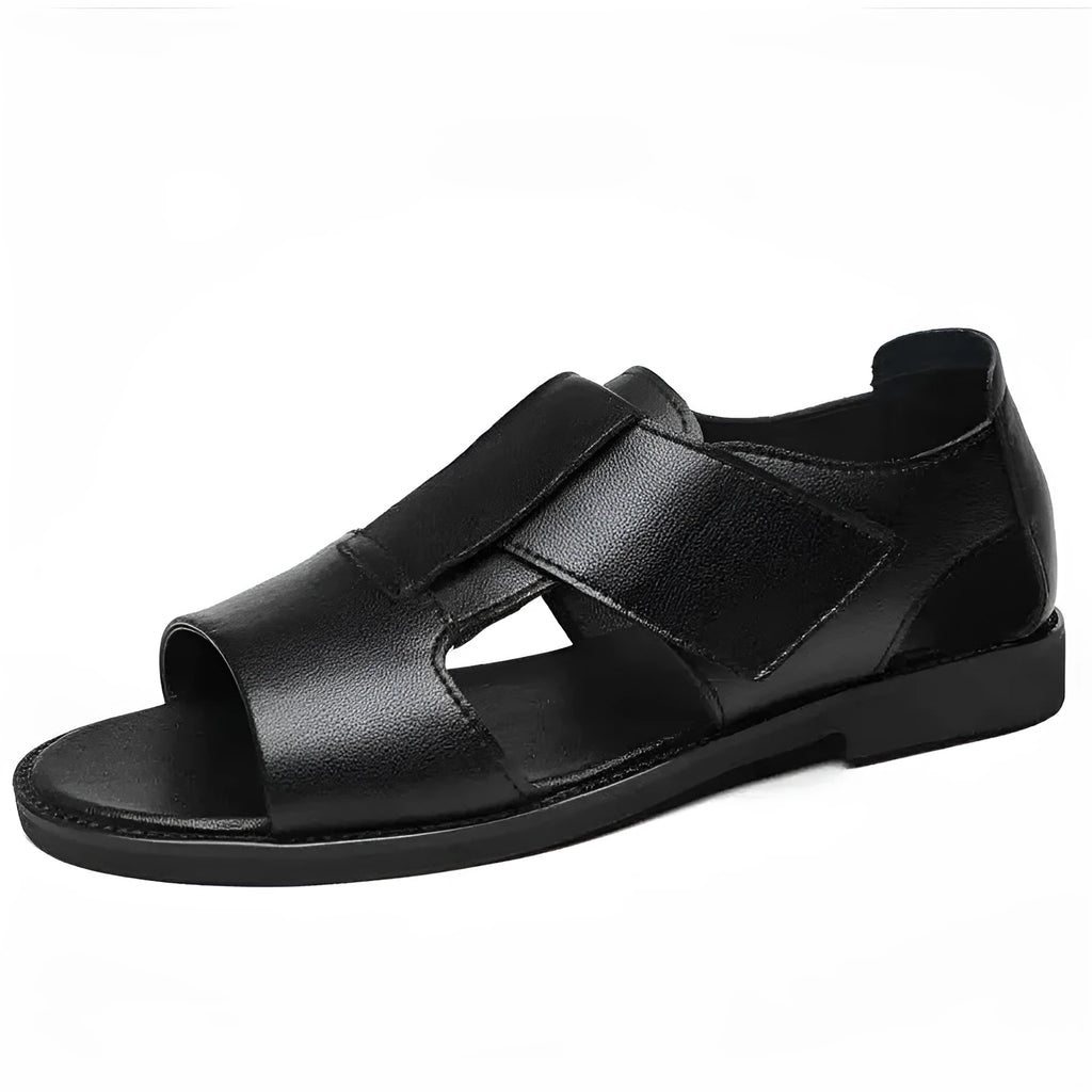 Men's black and brown leather Roman sandals with open toe and rubber sole