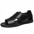 Men's black and brown leather Roman sandals with open toe and rubber sole